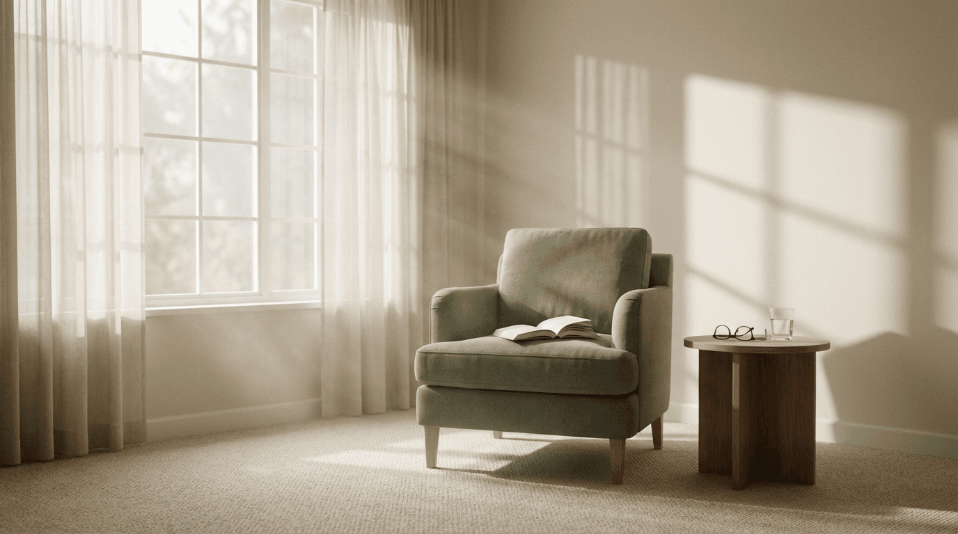 A man sitting in a bright, warm living room during a conversation