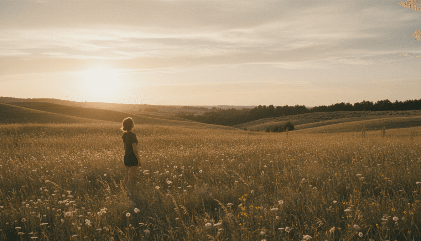 Solitary figure standing barefoot in golden-hour meadow overlooking rolling hills, capturing peaceful solitude and restoration in nature